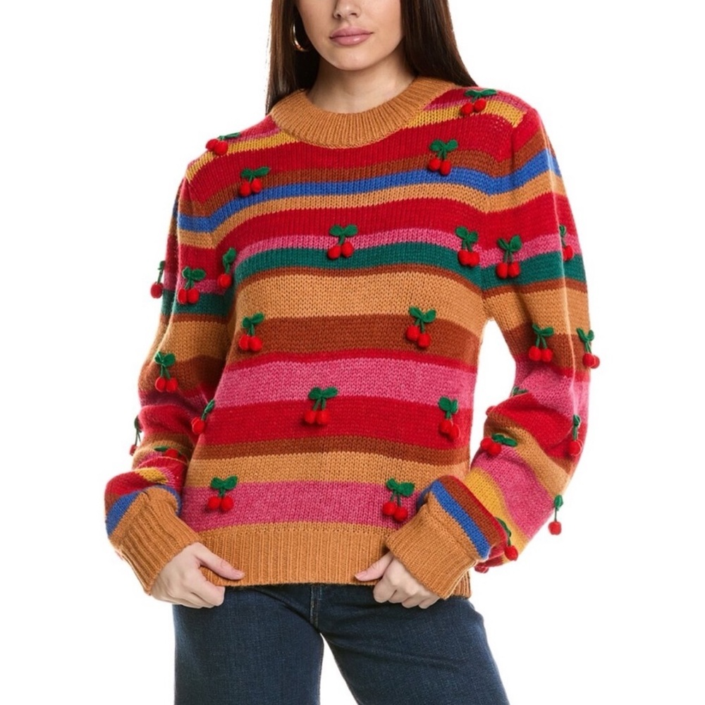 Farm Rio crochet cherry striped sweater size medium.
